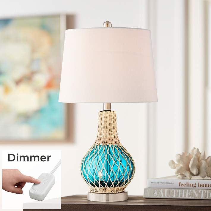 Crosby Blue-Green Bottle with Rope Glass Lamp with Table Top Dimmer