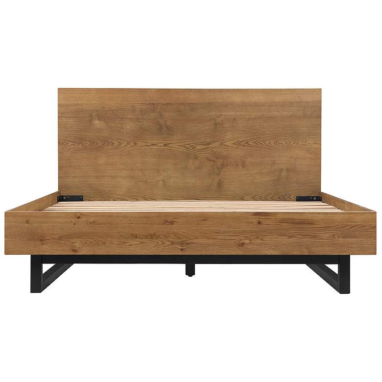 Image 1 Aldo Queen Size Platform Bed Frame in Brown Oak Wood With Black Metal Legs