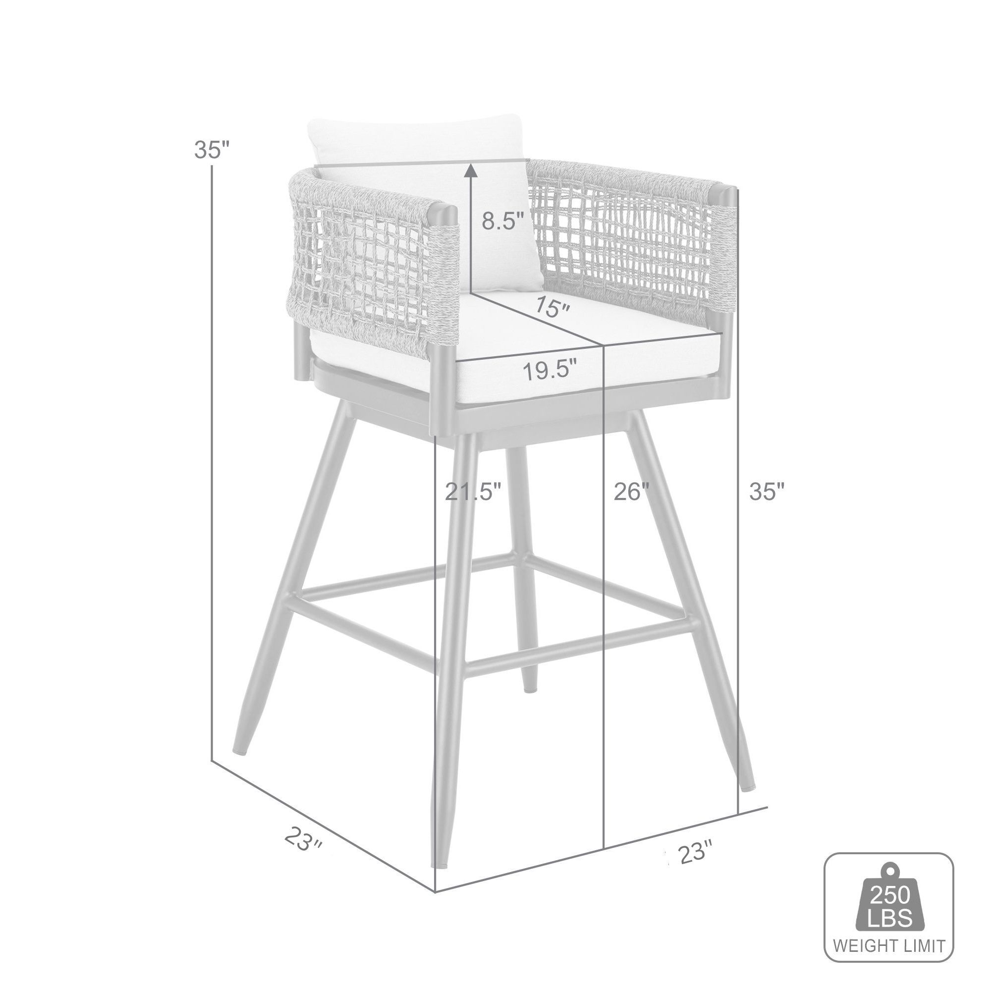 Alegria 26 in. Outdoor Barstool in Aluminum, Gray Rope, Light Gray Cushions