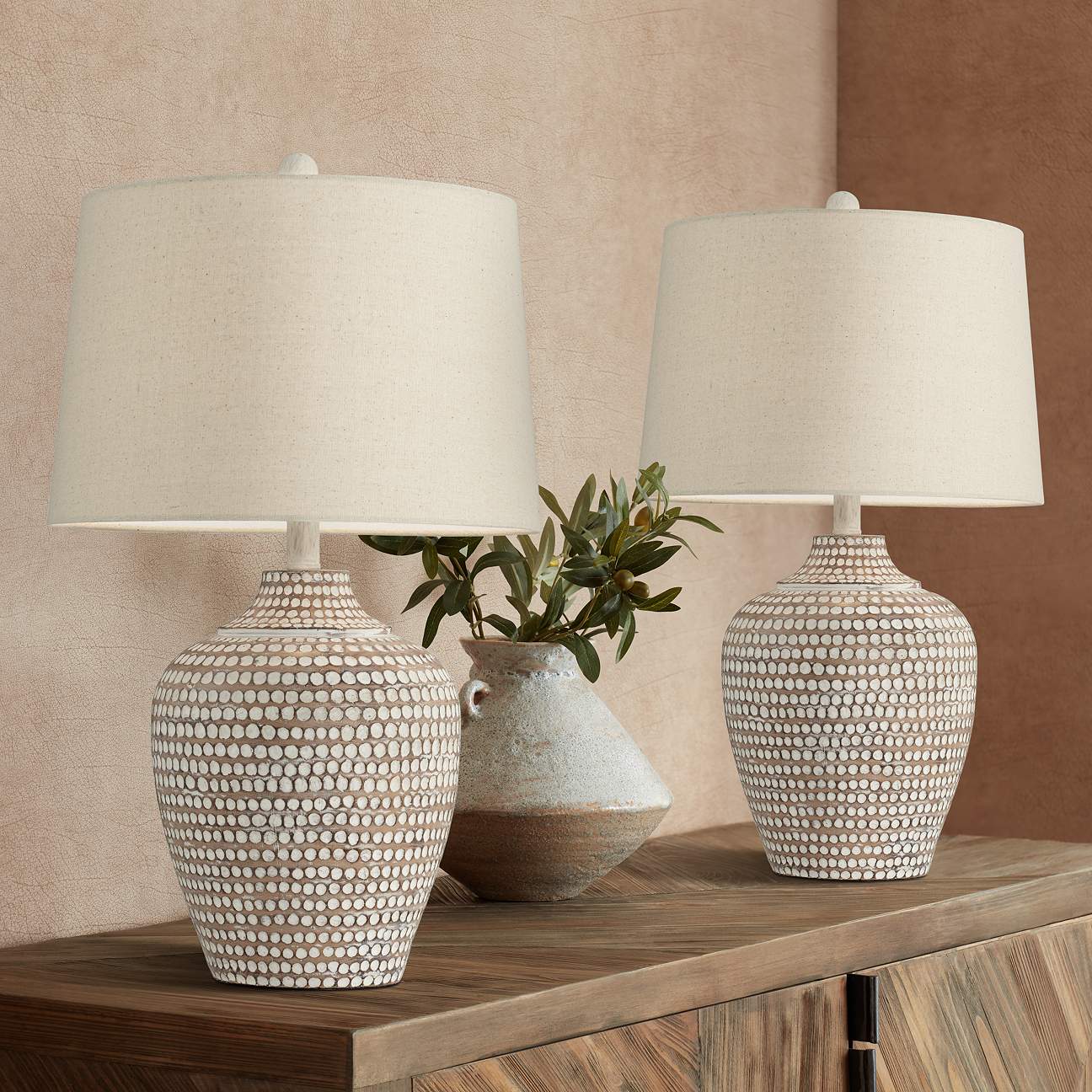 Alese Neutral Earth Finish Textured Dot Jug Table Lamps Set of 2 ...
