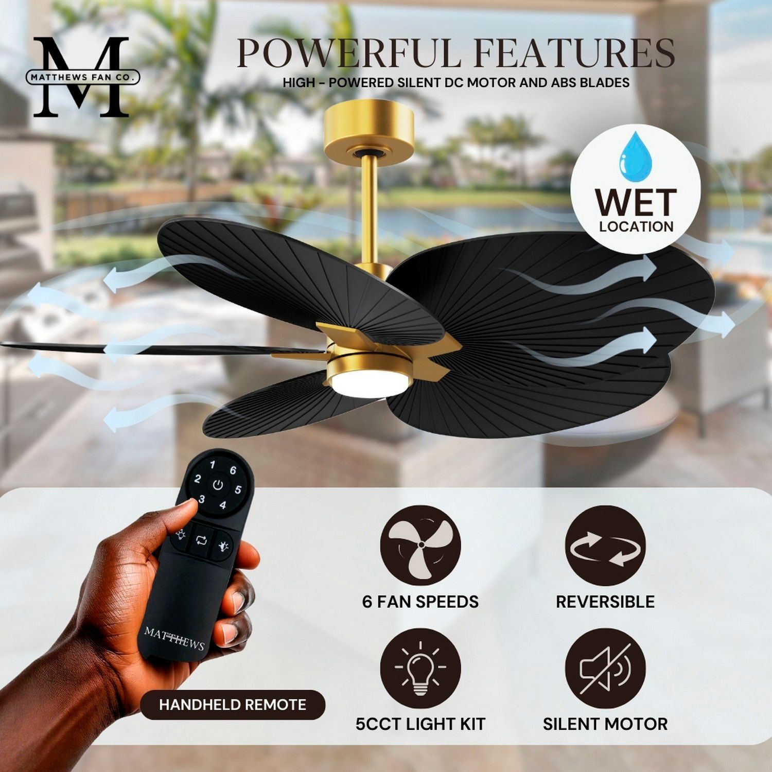 Image 6 Alessandra Tropical 48" Brass Ceiling Fan w/ Matte Black Blades more views