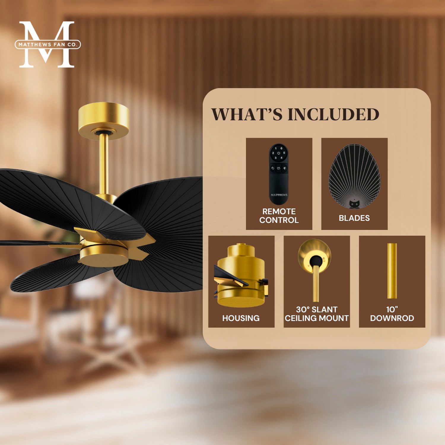 Image 7 Alessandra Tropical 48" Brass Ceiling Fan w/ Matte Black Blades more views