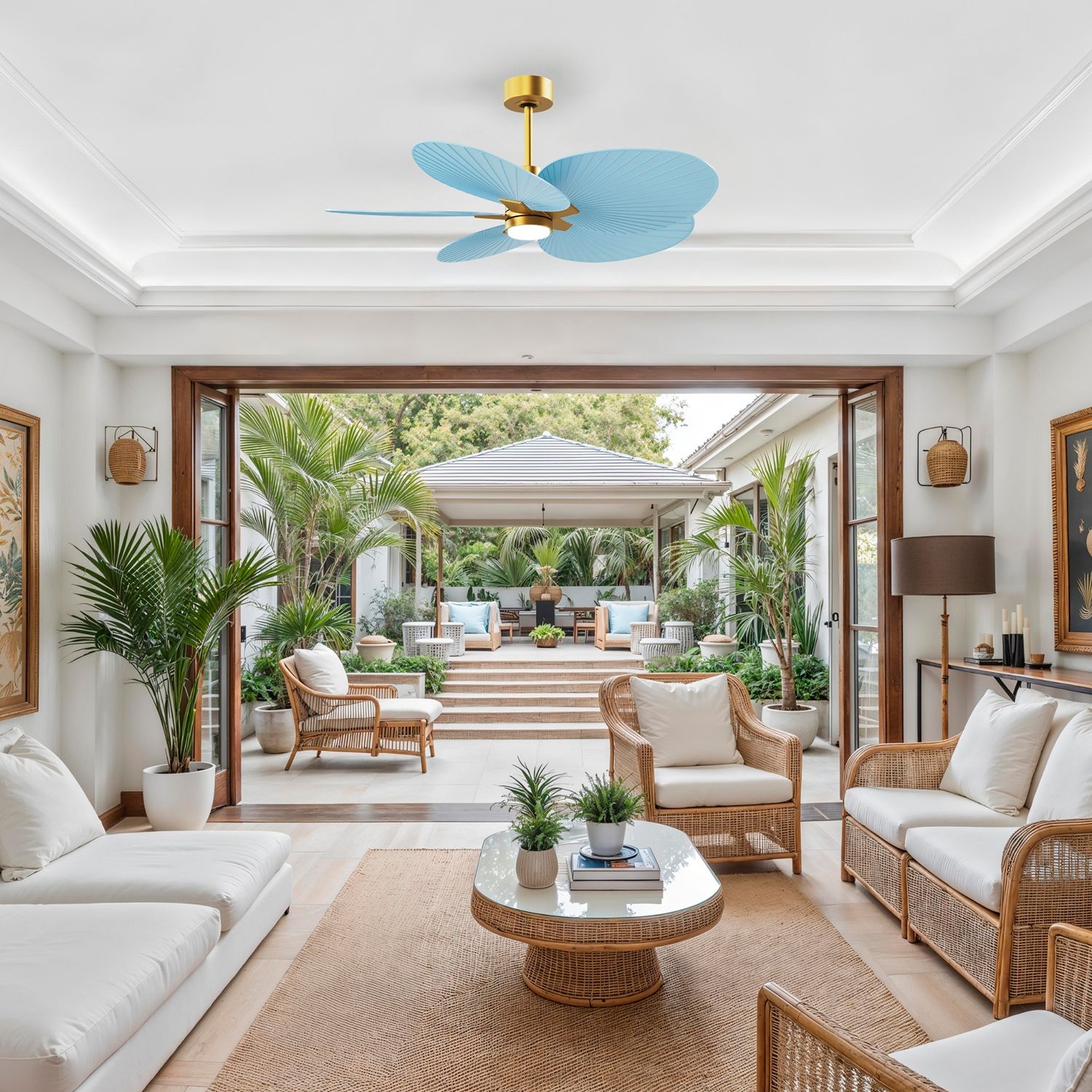 Alessandra Tropical 48" Brass LED Ceiling Fan w/Light Blue Blades