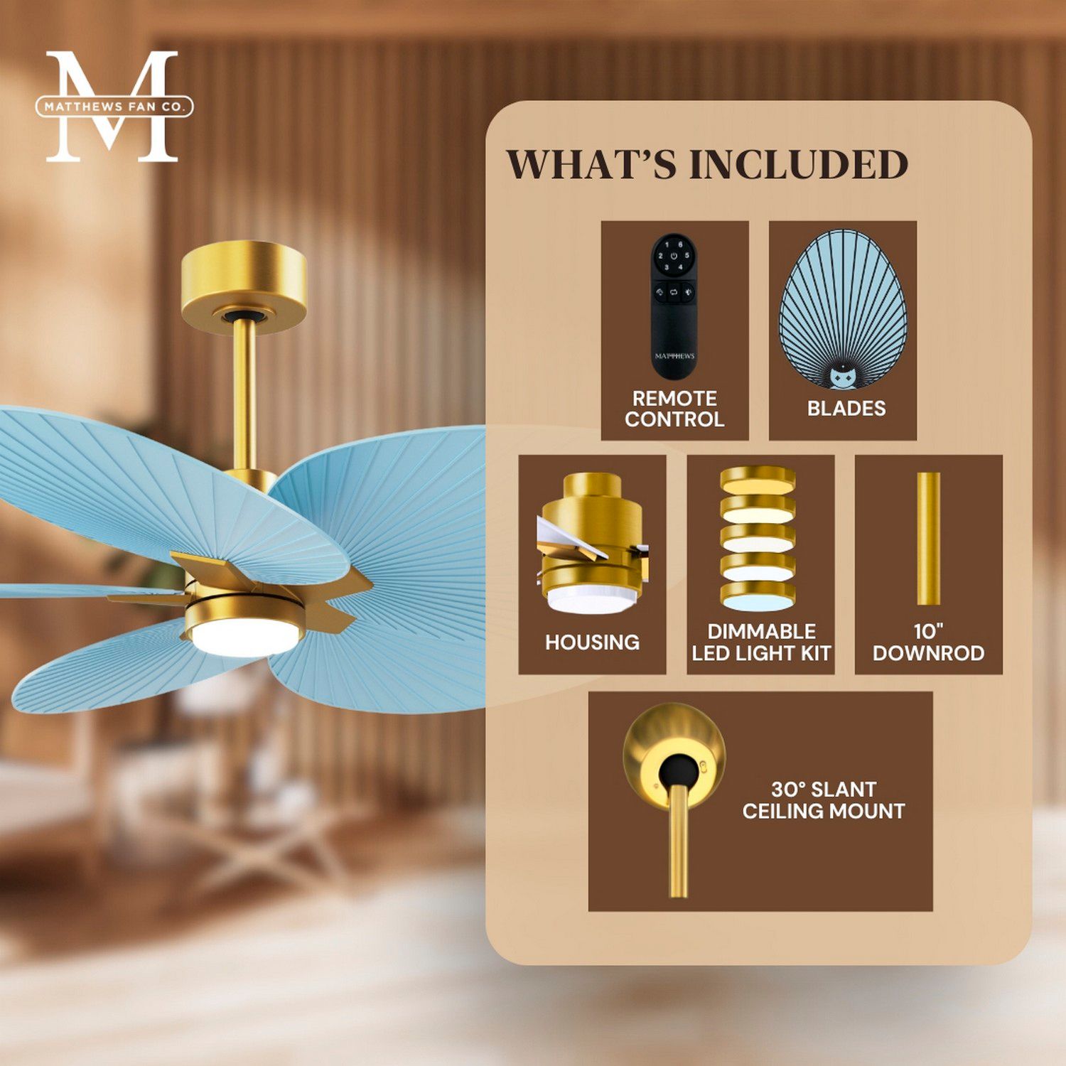 Alessandra Tropical 48" Brass LED Ceiling Fan w/Light Blue Blades