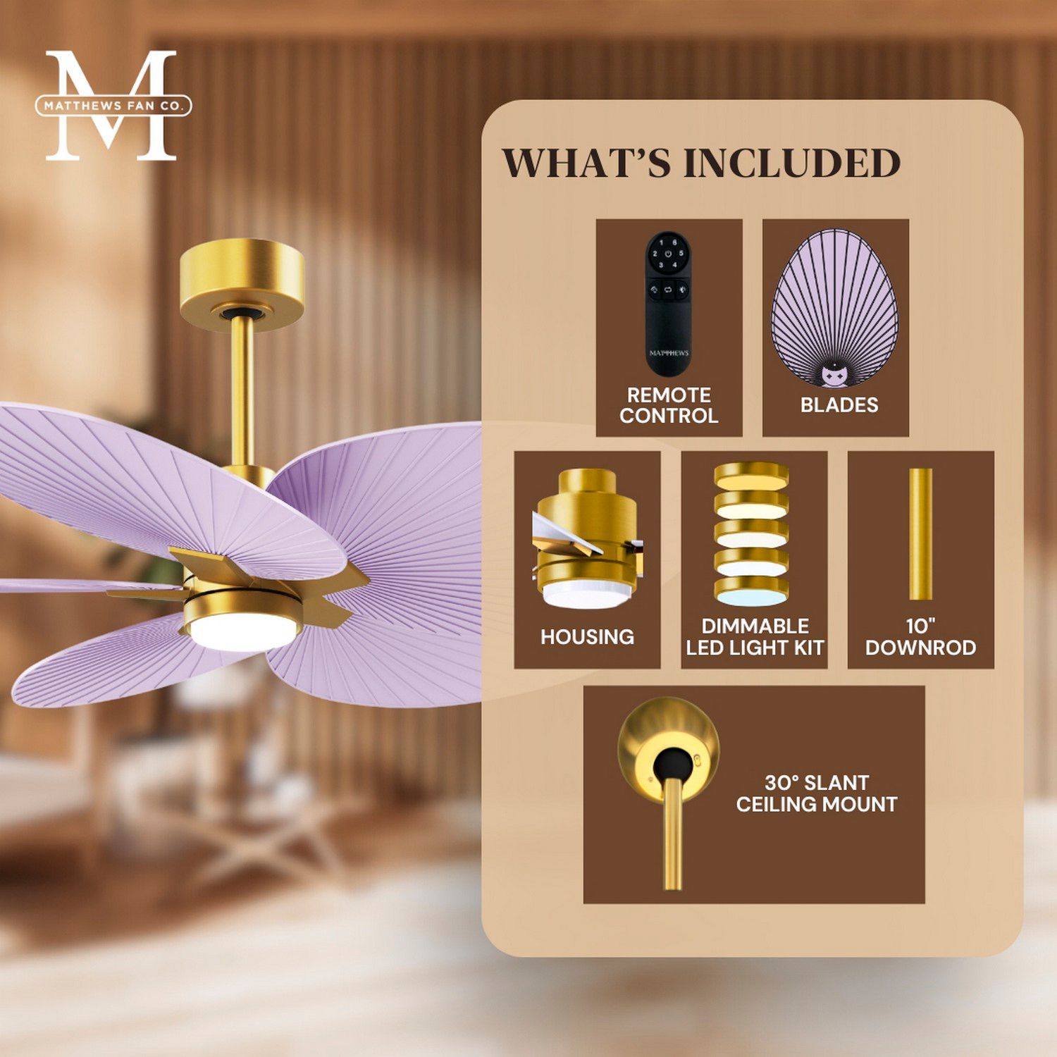 Alessandra Tropical 48" Brass LED Ceiling Fan w/ Lilac Blades