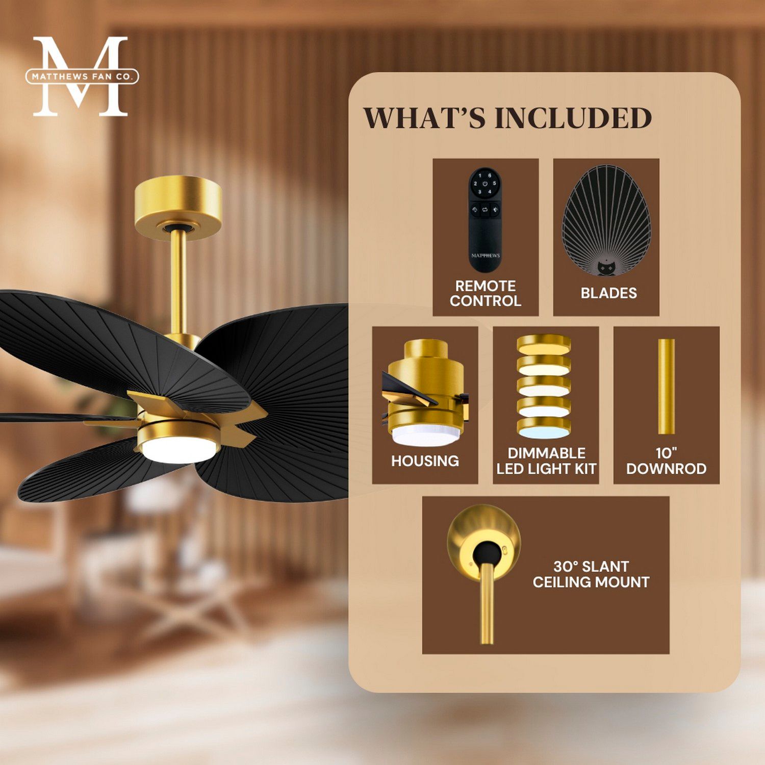 Alessandra Tropical 48" Brass LED Ceiling Fan w/ Matte Black Blades