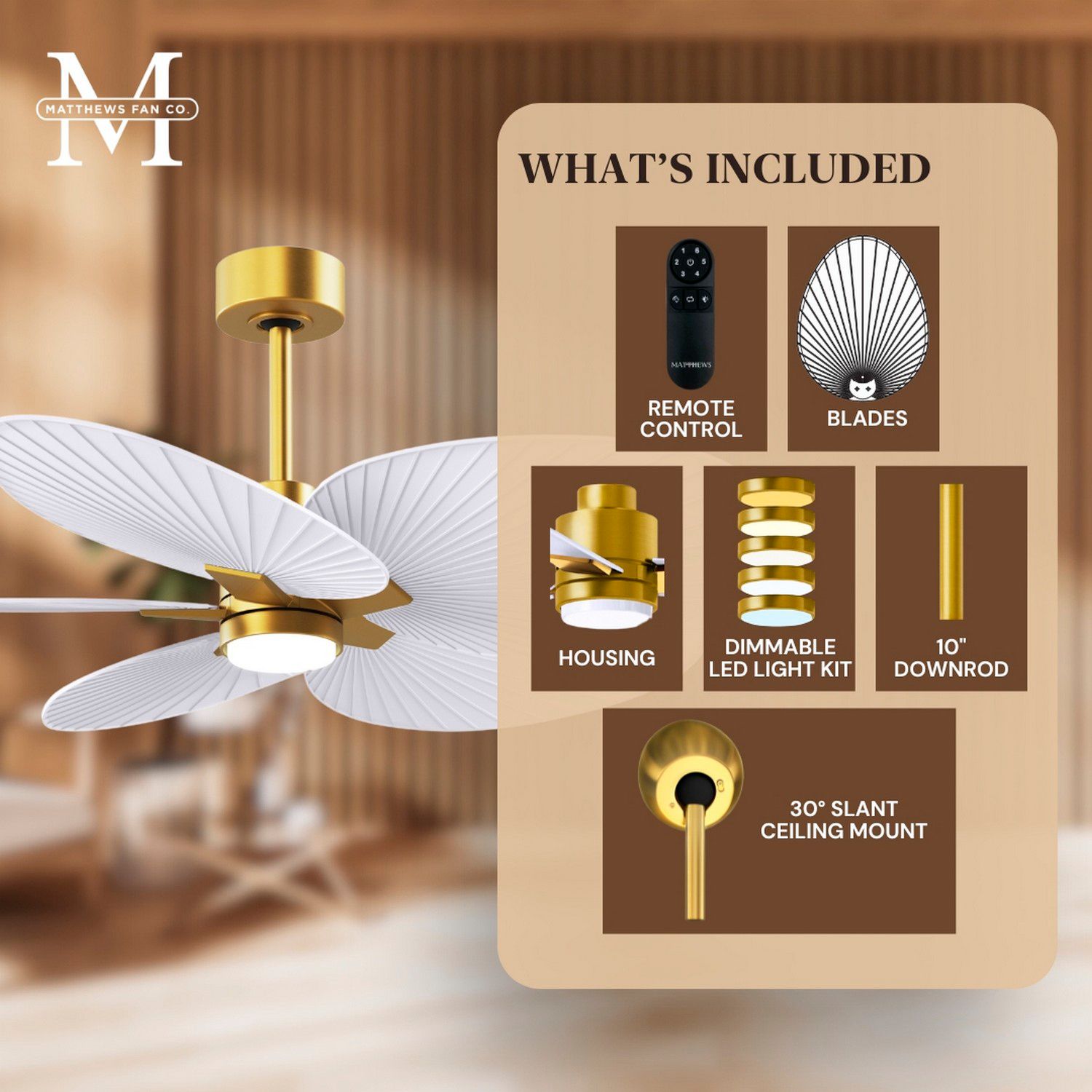 Alessandra Tropical 48" Brass LED Ceiling Fan w/ Matte White Blades