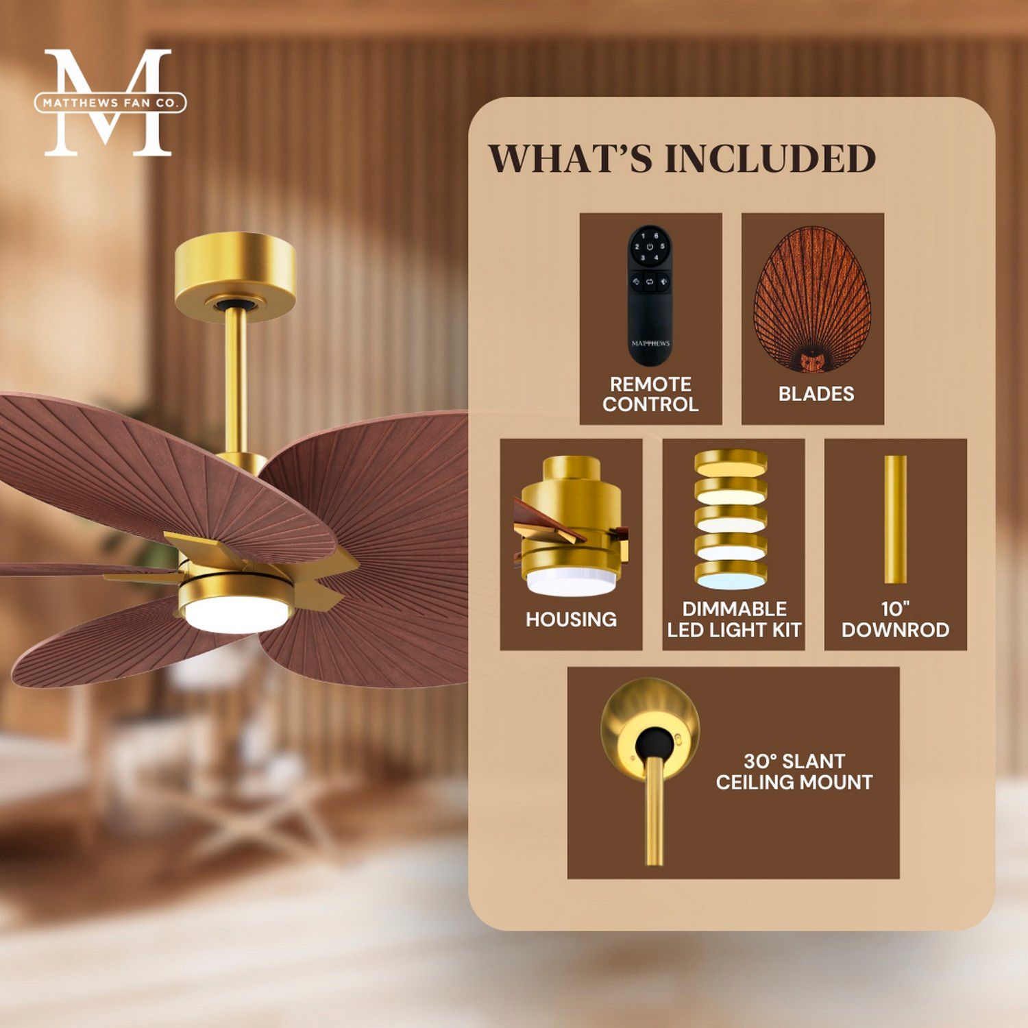 Alessandra Tropical 48" Brass LED Ceiling Fan w/ Walnut Blades