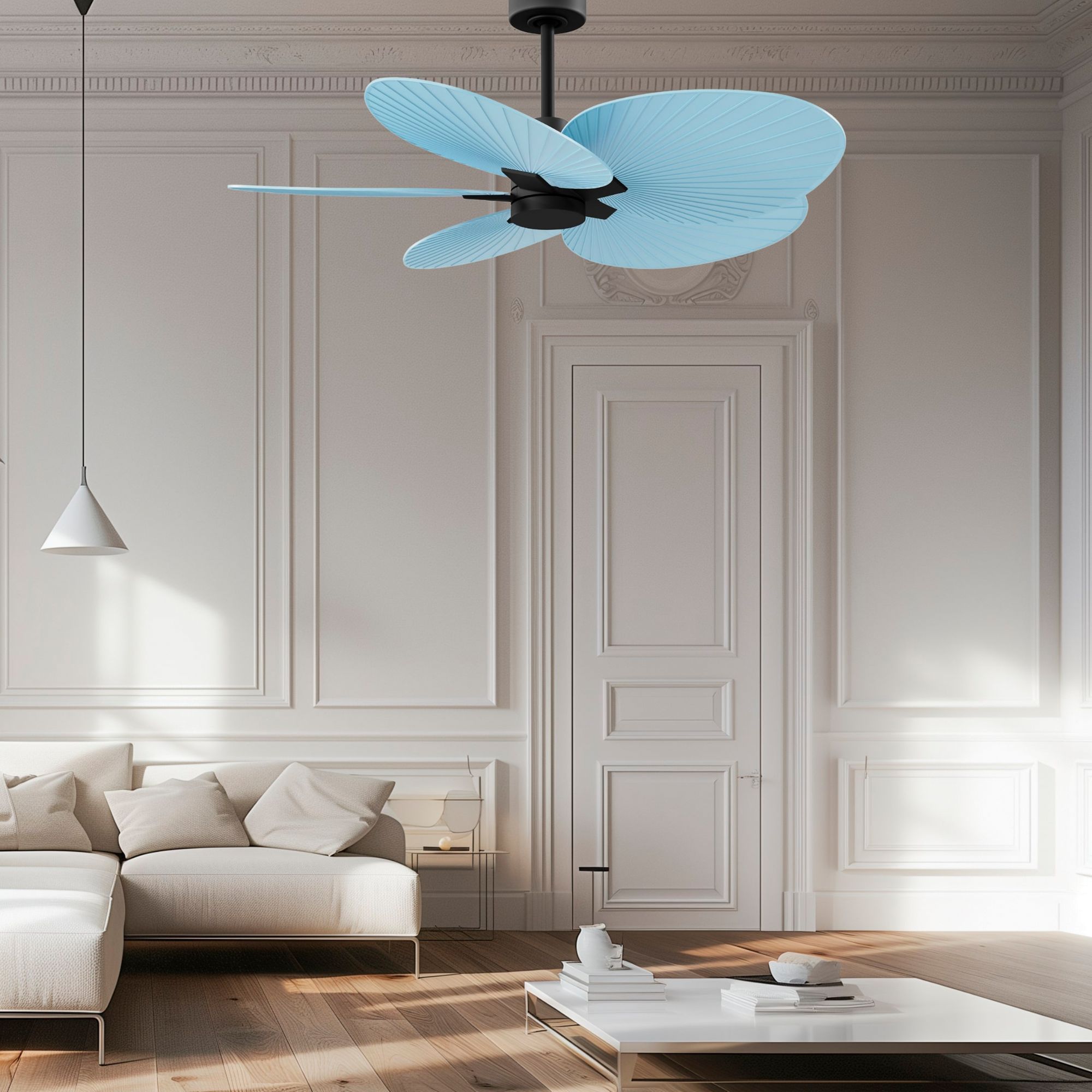 Image 2 Alessandra Tropical 48" Matte Black Ceiling Fan w/ Light Blue Blades more views