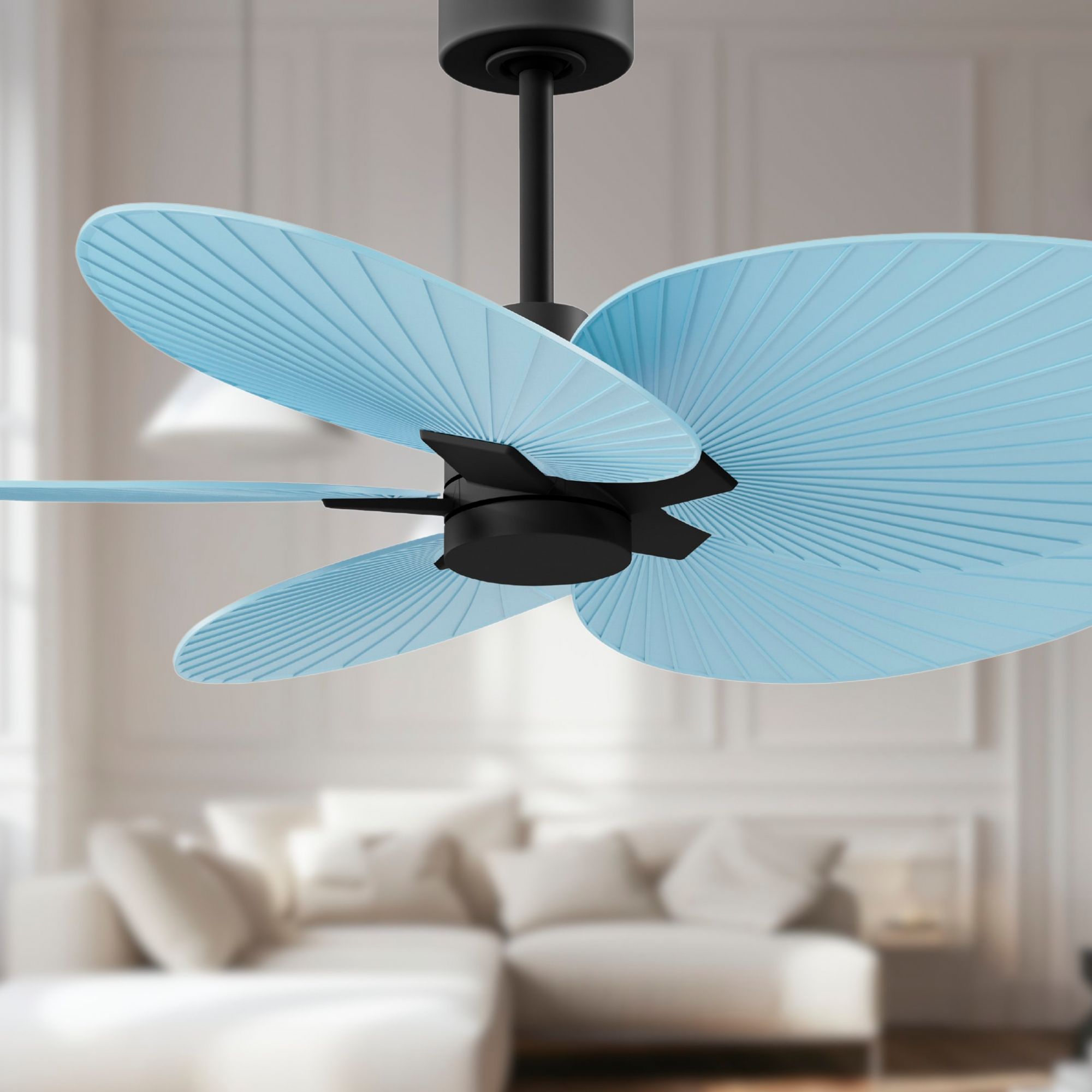 Image 3 Alessandra Tropical 48" Matte Black Ceiling Fan w/ Light Blue Blades more views