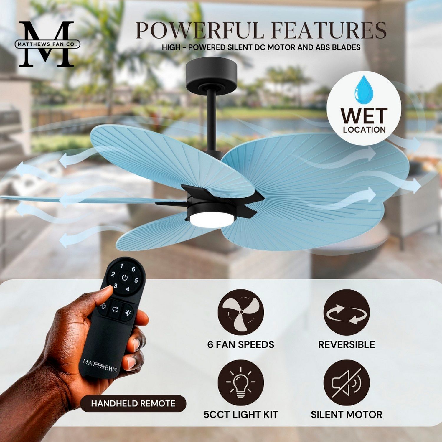 Image 6 Alessandra Tropical 48" Matte Black Ceiling Fan w/ Light Blue Blades more views