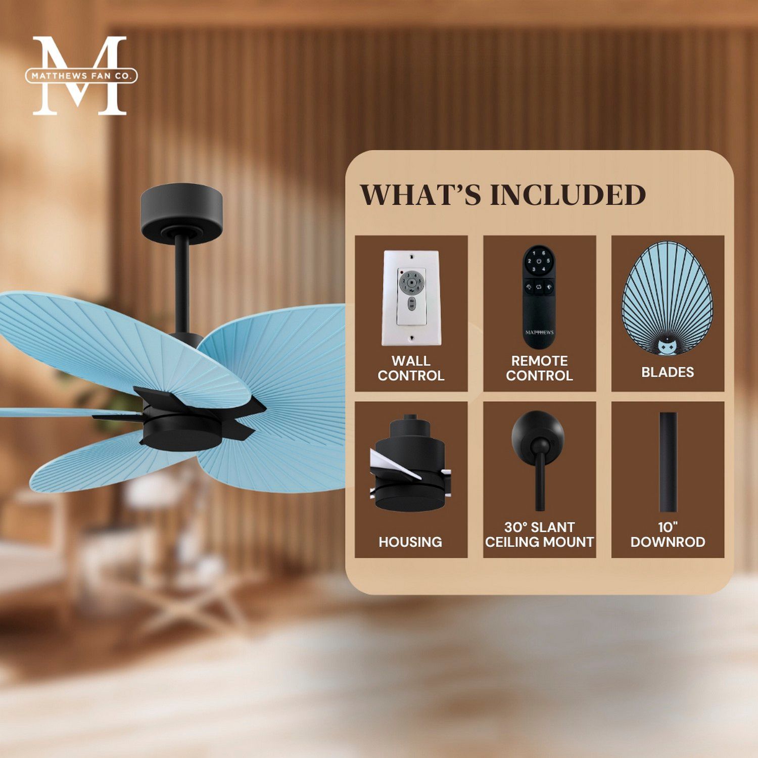 Image 7 Alessandra Tropical 48" Matte Black Ceiling Fan w/ Light Blue Blades more views