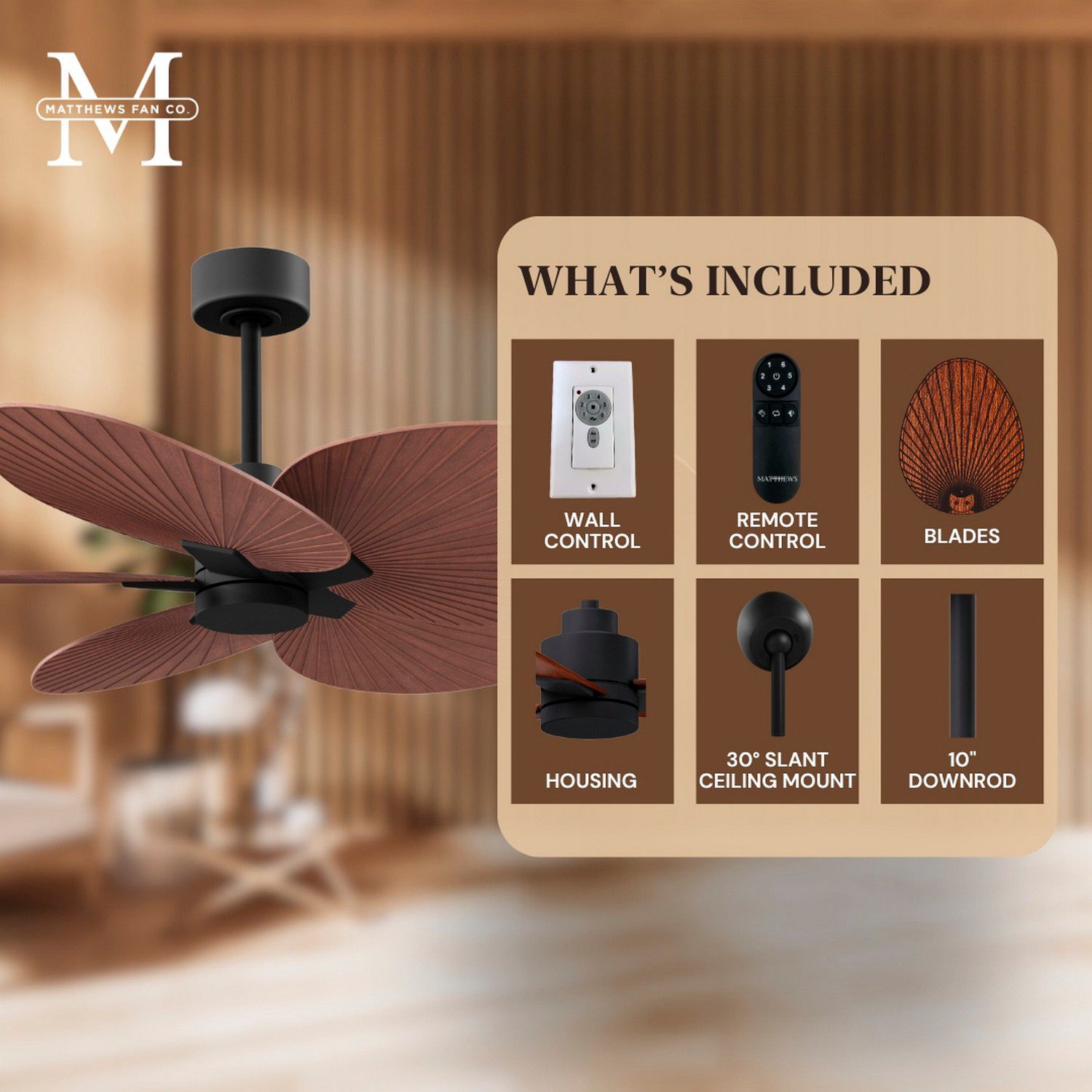 Image 6 Alessandra Tropical 48" Matte Black Ceiling Fan w/ Walnut Blades more views