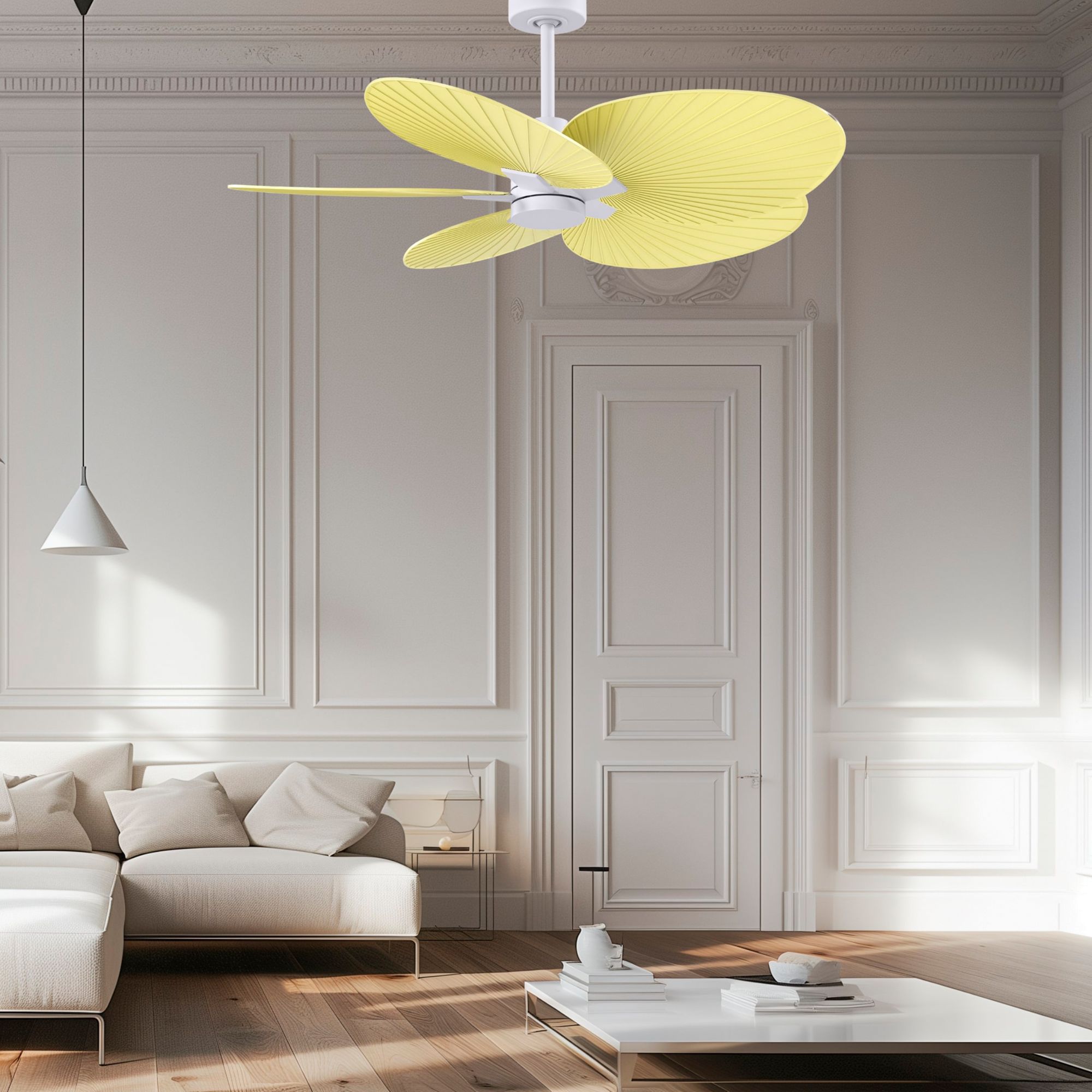 Image 2 Alessandra Tropical 48" Matte White Ceiling Fan w/ Light Yellow Blades more views