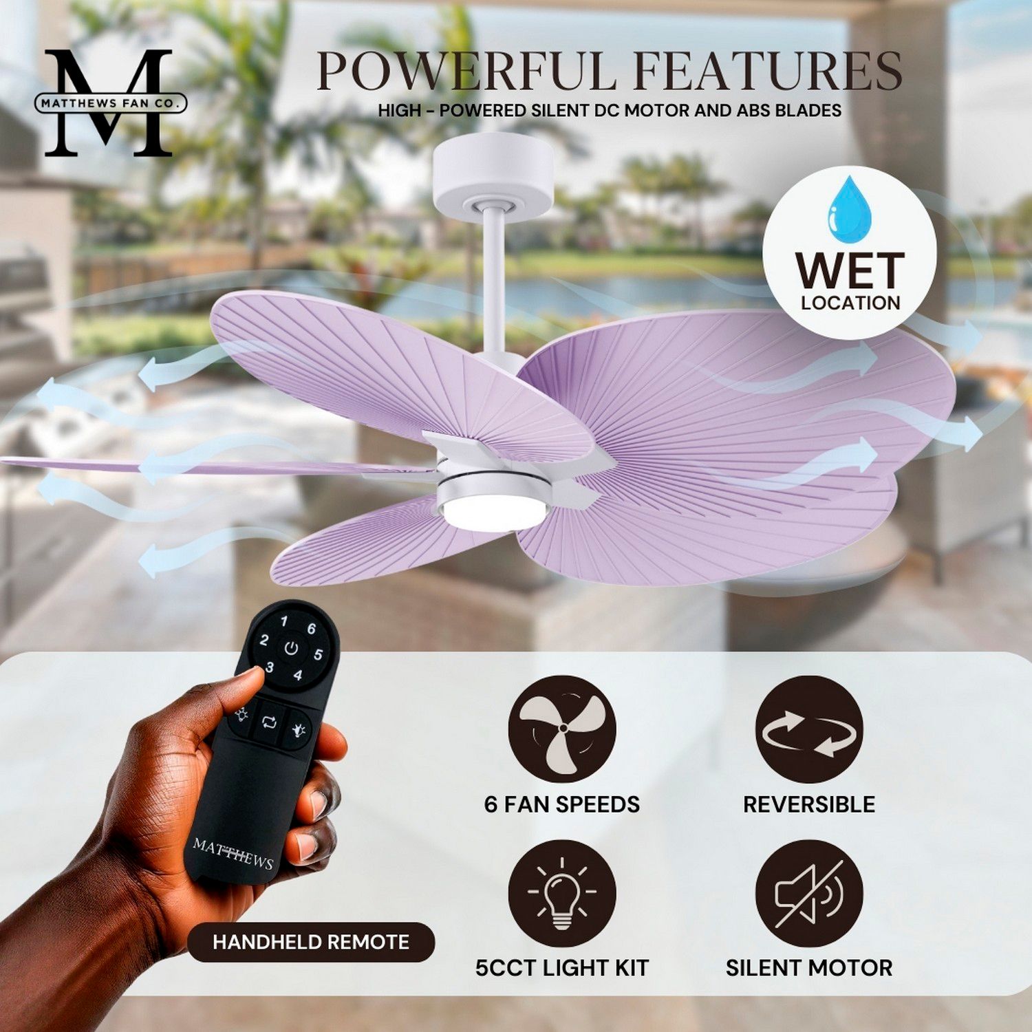 Image 6 Alessandra Tropical 48" Matte White Ceiling Fan w/ Lilac Blades more views