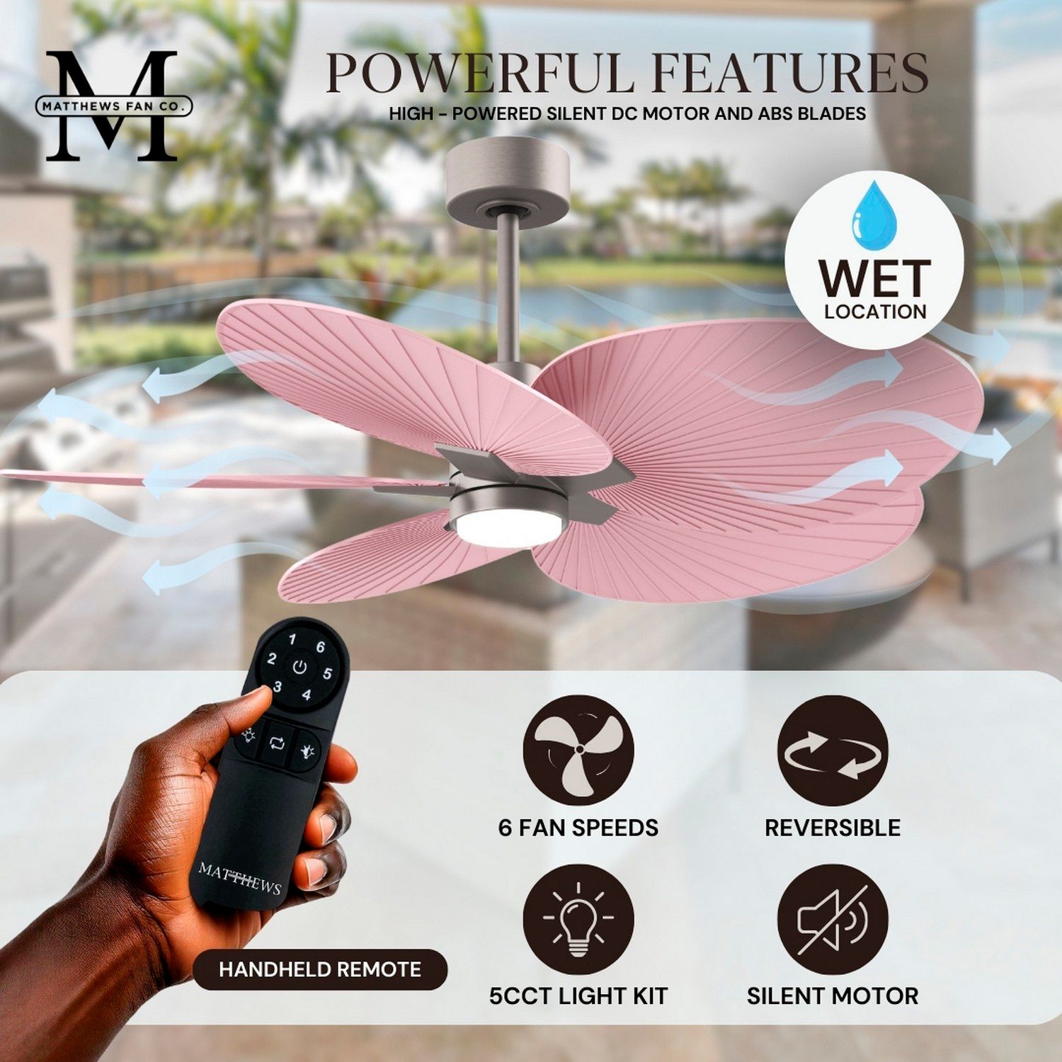 Image 6 Alessandra Tropical 48" Nickel Ceiling Fan w/ Light Pink Blades more views