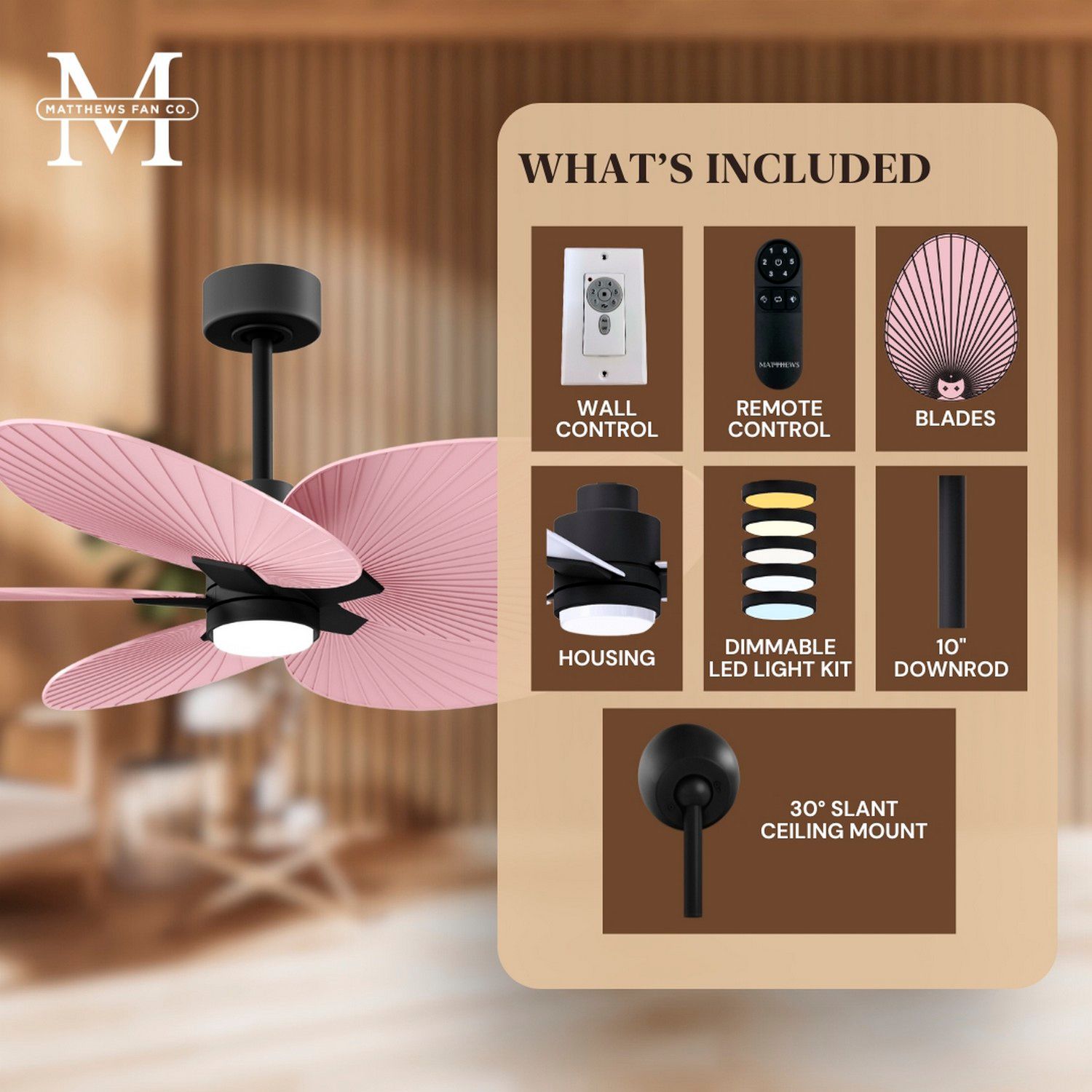 Alessandra Tropical 48"Matte Black LED Ceiling Fan w/Light Pink Blades