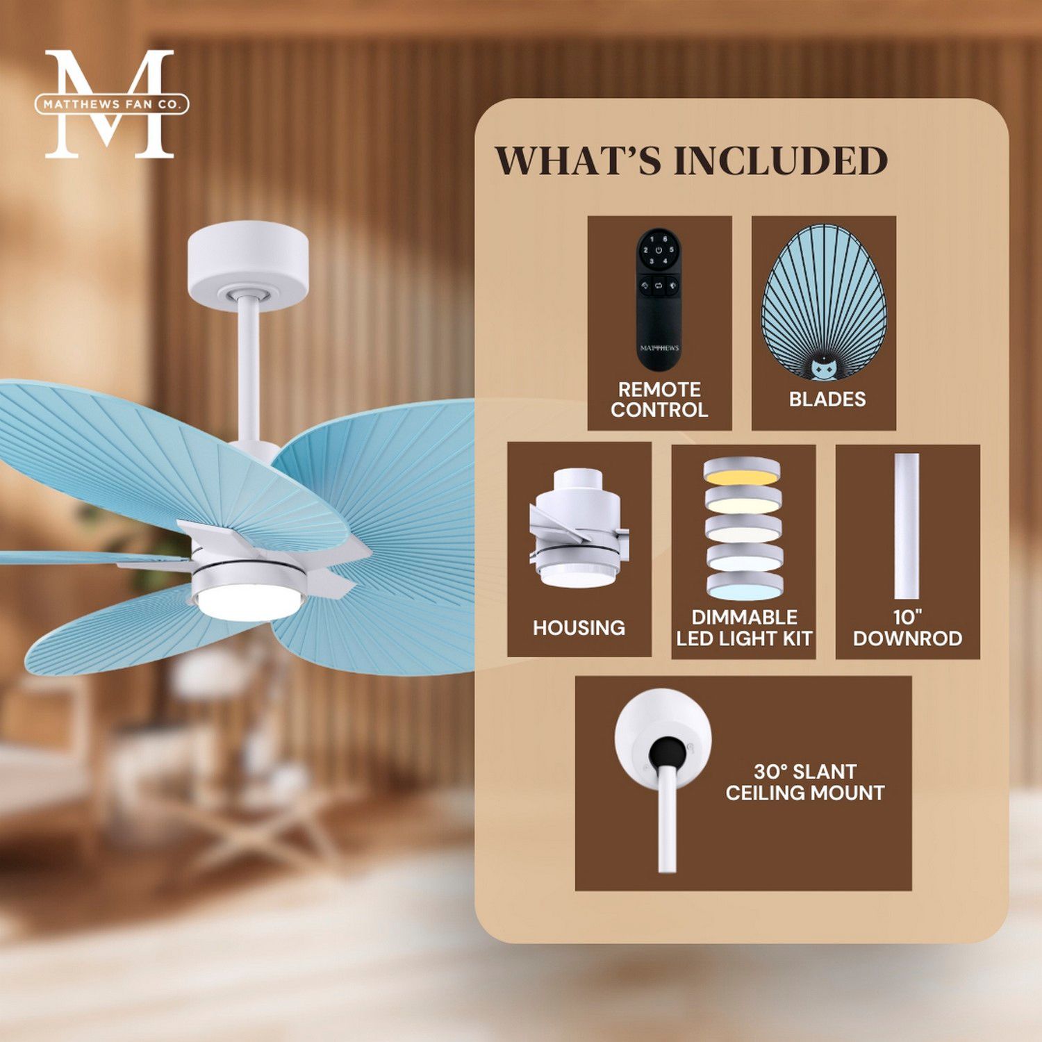 Alessandra Tropical 48"Matte White LED Ceiling Fan w/Light Blue Blades