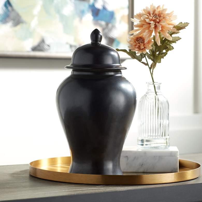 Image 2 Alfano 10.75" High Onyx Black Ceramic Ginger Jar Urn with Lid