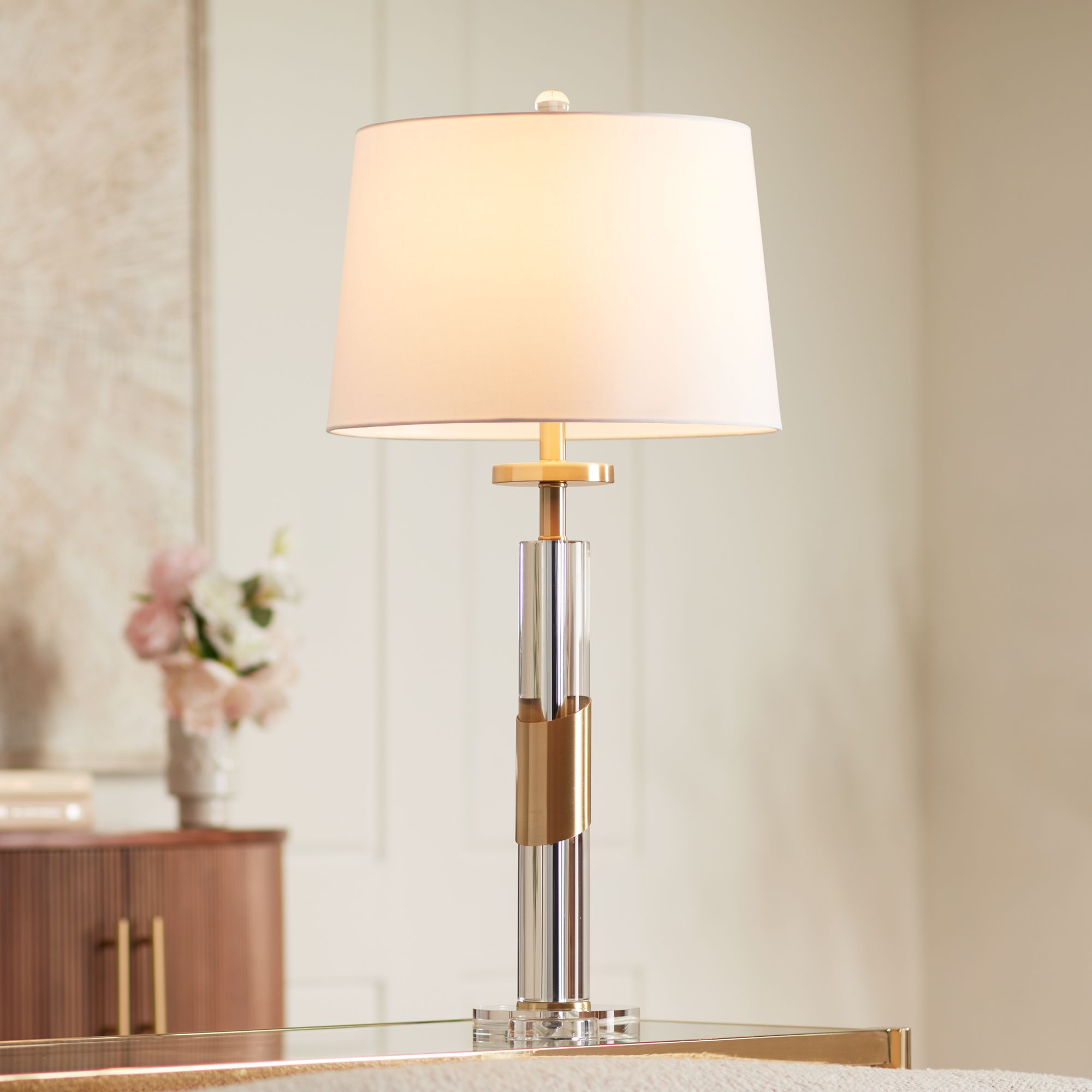 Watch A Video About the Alfred Soft Brass and Crystal Column Table Lamp