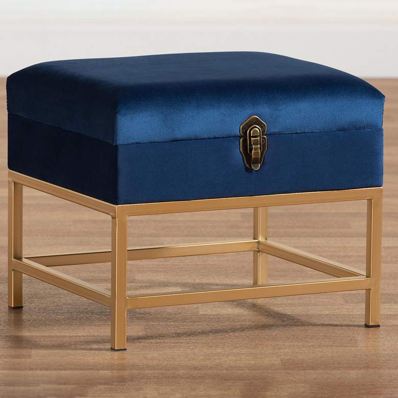 Image 1 Aliana 15 3/4"W Navy Blue Velvet Fabric Lift-Top Ottoman