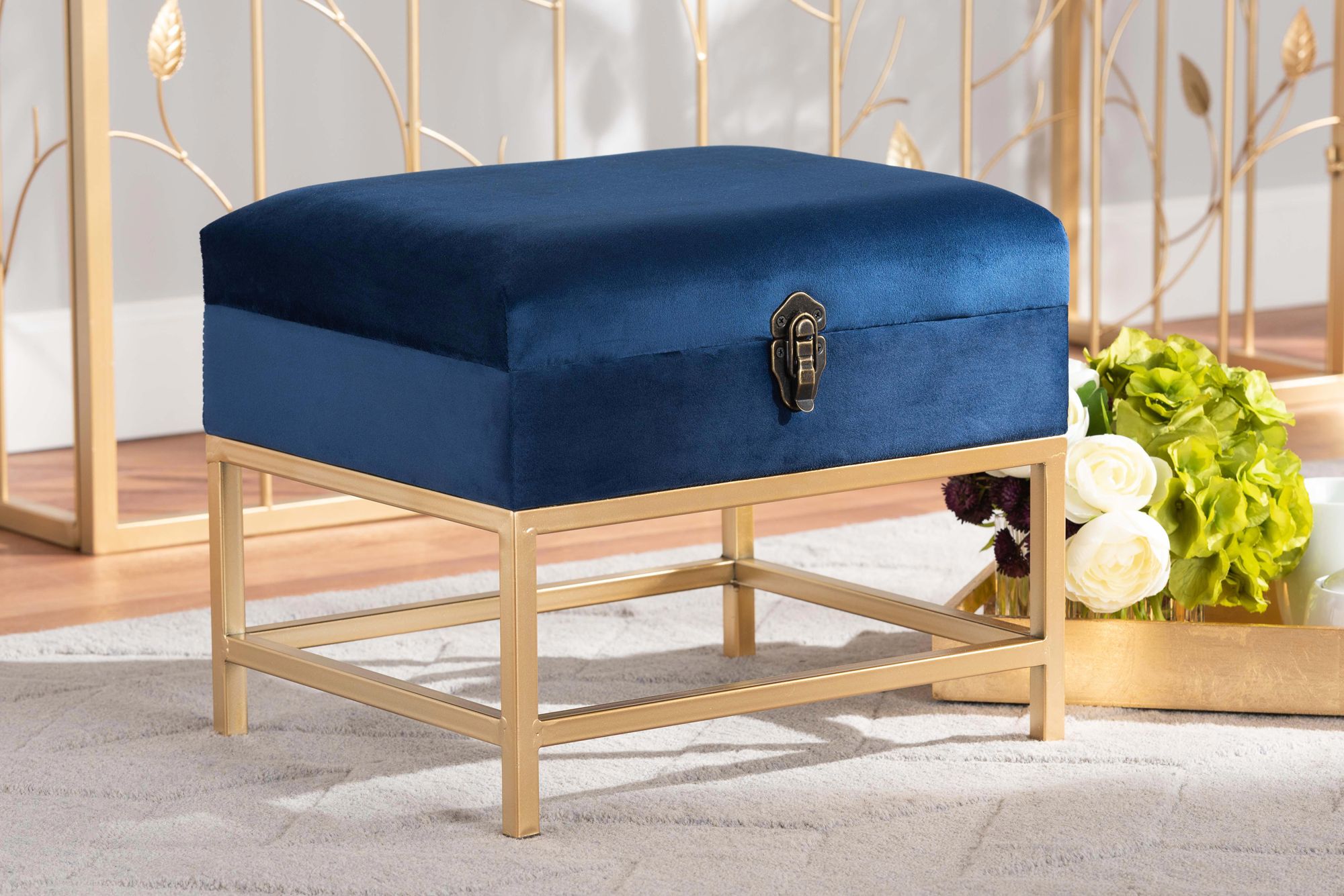 Aliana 15 3/4"W Navy Blue Velvet Fabric Lift-Top Ottoman 