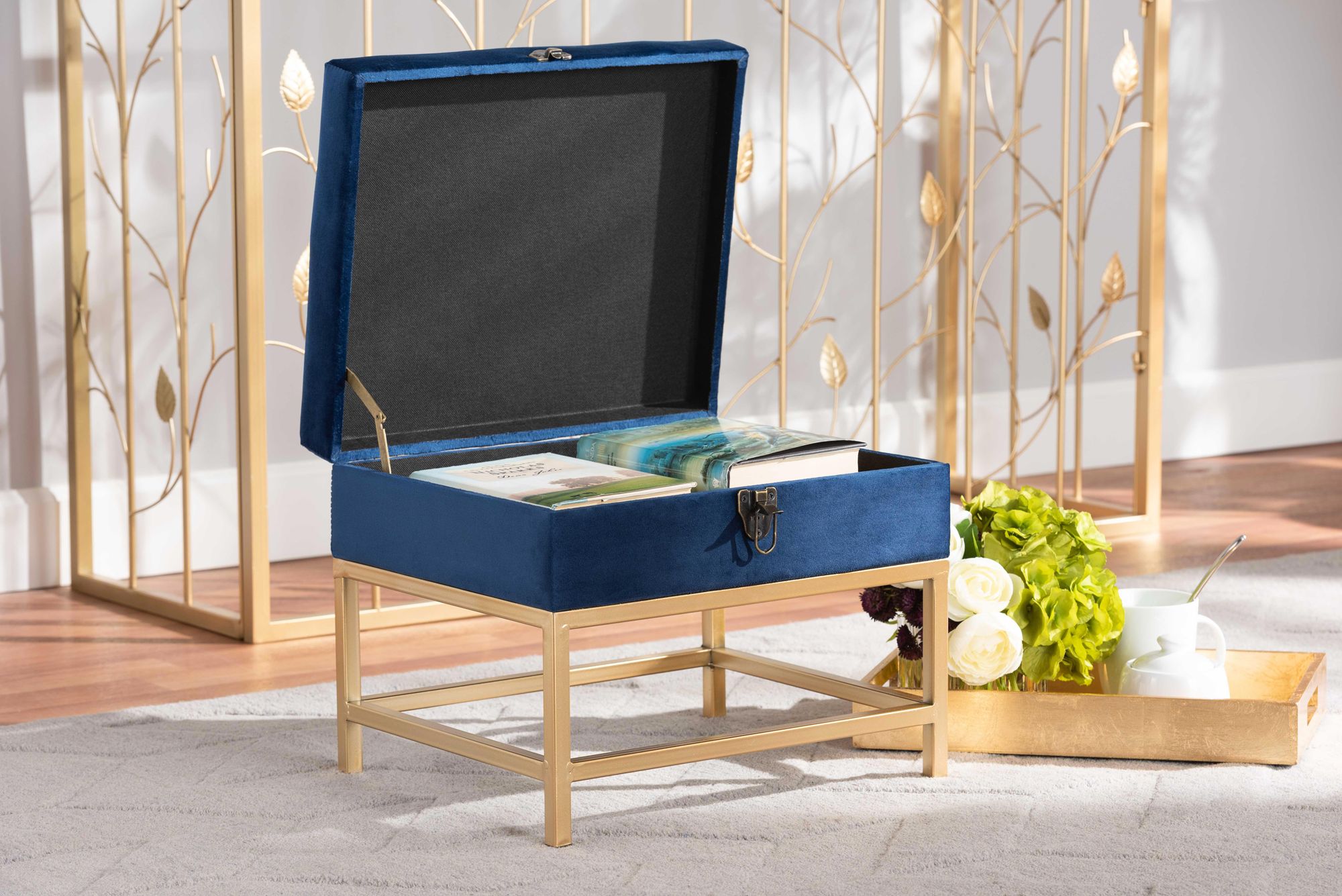 Aliana 15 3/4"W Navy Blue Velvet Fabric Lift-Top Ottoman 