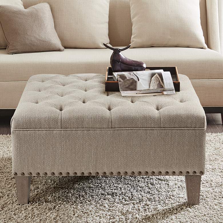 Image 1 Alice Taupe Fabric Tufted Square Cocktail Ottoman