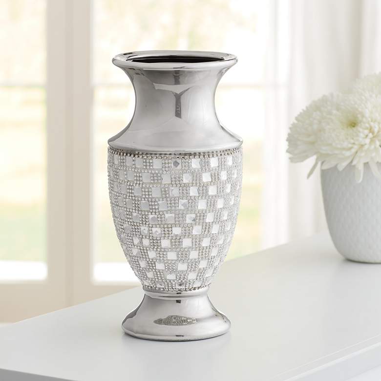 Image 1 Alino 11 1/2 inch High Silver and Crystal Urn Vase