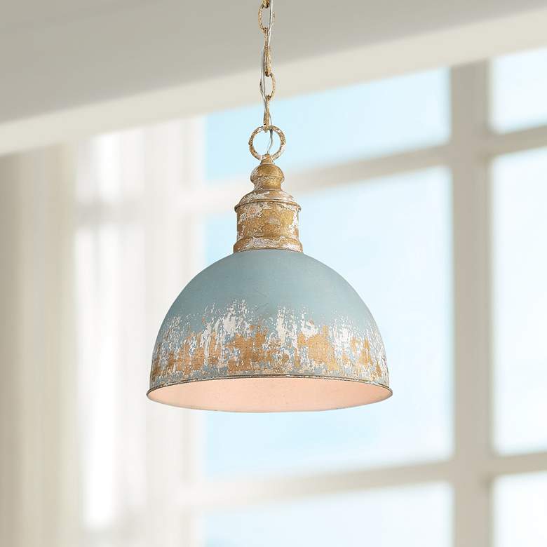 Image 1 Alison 14" Wide Vintage Gold Pendant Light with Teal Shade