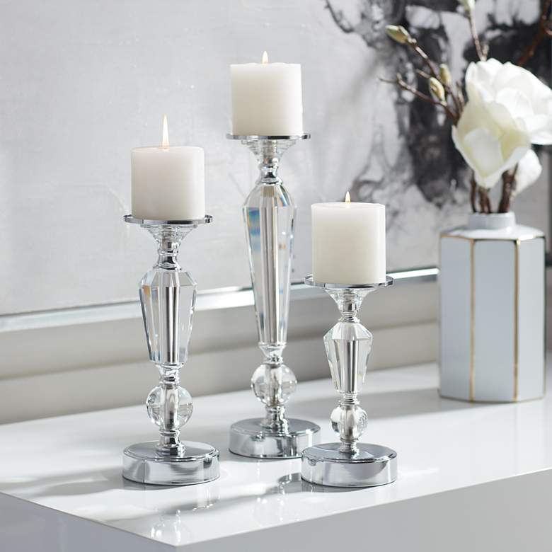 Image 2 Alix Chrome and Crystal Pillar Candle Holders Set of 3