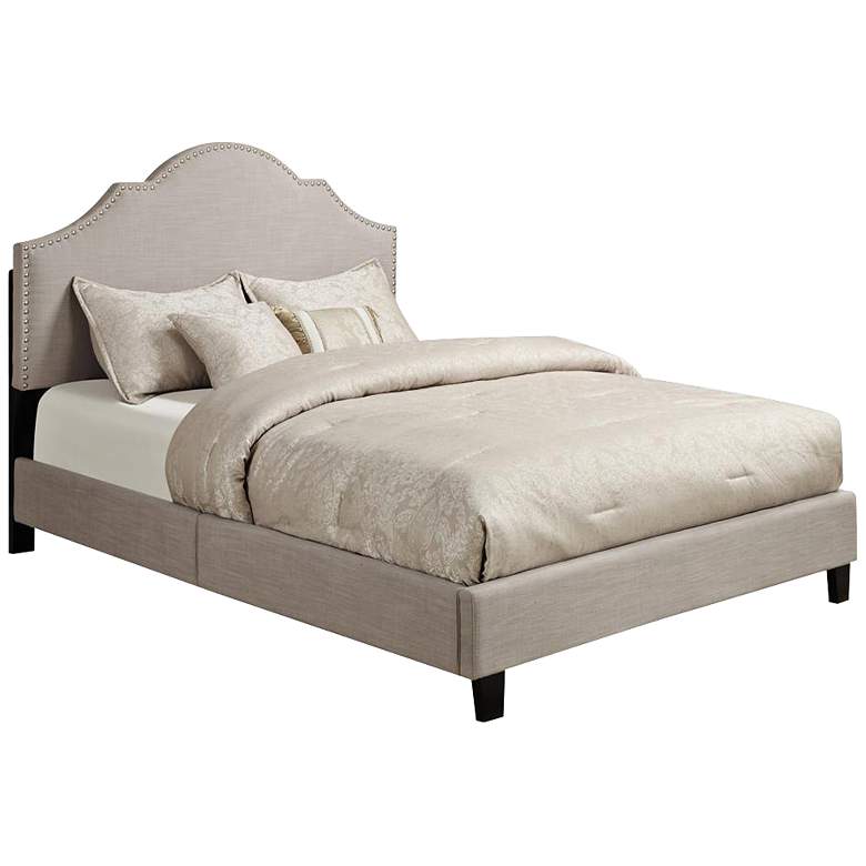 Image 1 All-N-One Taupe Upholstered Nail Head Saddle Queen Bed
