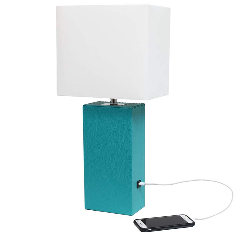 Image 1 All The Rages 21" Blue Faux Leather Wrapped USB Table Lamp