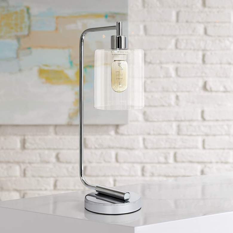 Image 1 All the Rages Bronson 18 3/4" Glass and Chrome Lantern Desk Lamp