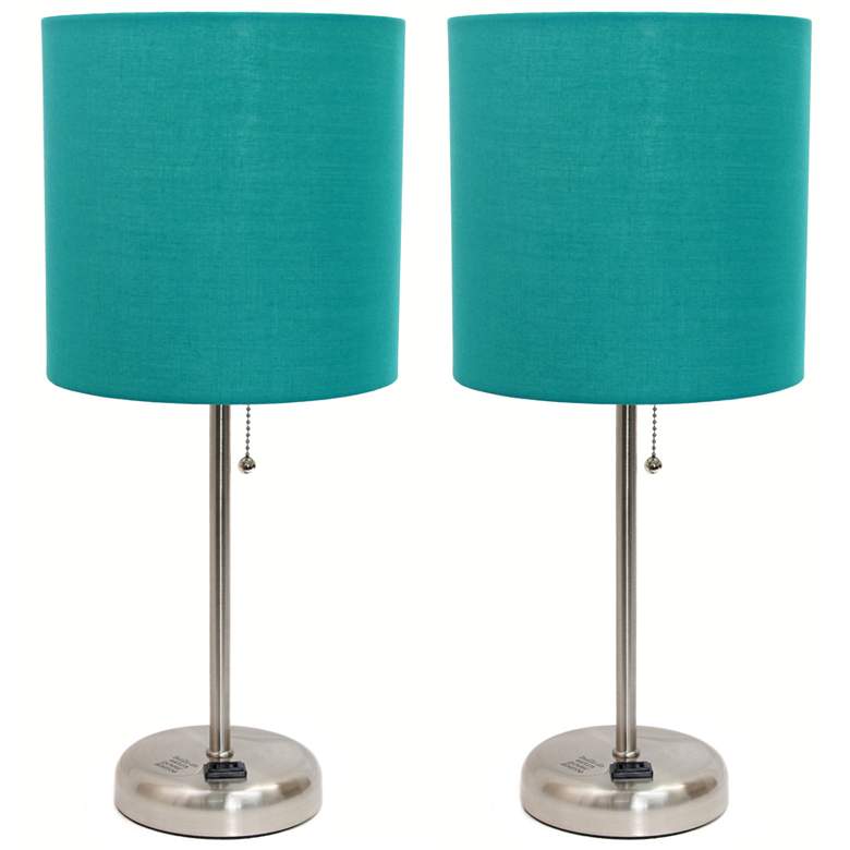 Image 1 All The Rages Brushed Steel 19 1/2" Teal Shade Outlet Lamps Set of 2