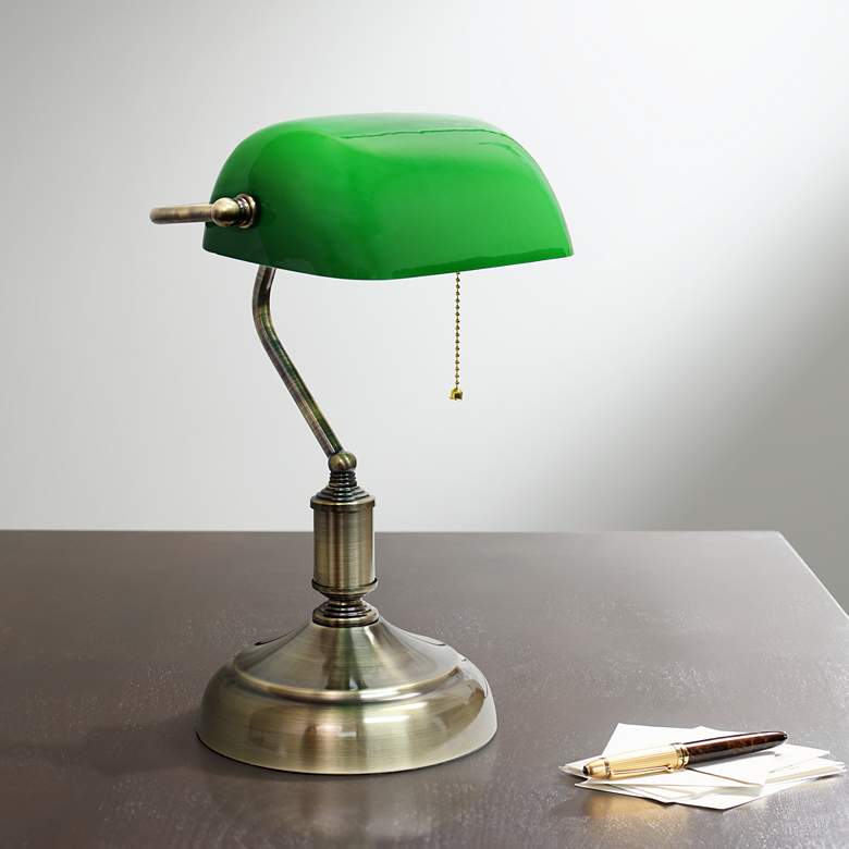 Image 1 All the Rages Locust 14 3/4 inch Nickel and Green Glass Banker&#39;s Lamp