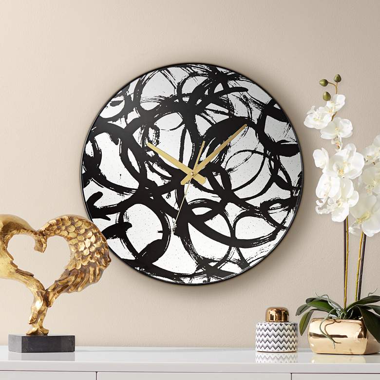 Image 1 Allana Black Print 17 3/4 inch Round Mirrored Wall Clock