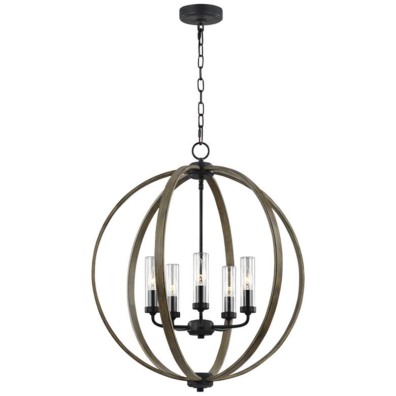Image 2 Allier 28 inch High Wood-Iron Outdoor Hanging Chandelier Light