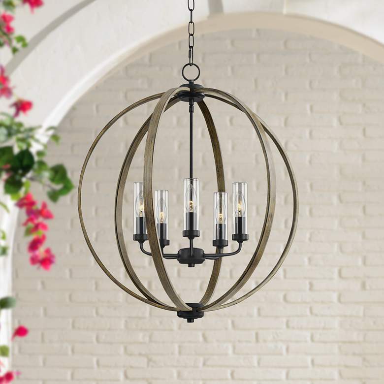 Image 1 Allier 28 inch High Wood-Iron Outdoor Hanging Chandelier Light