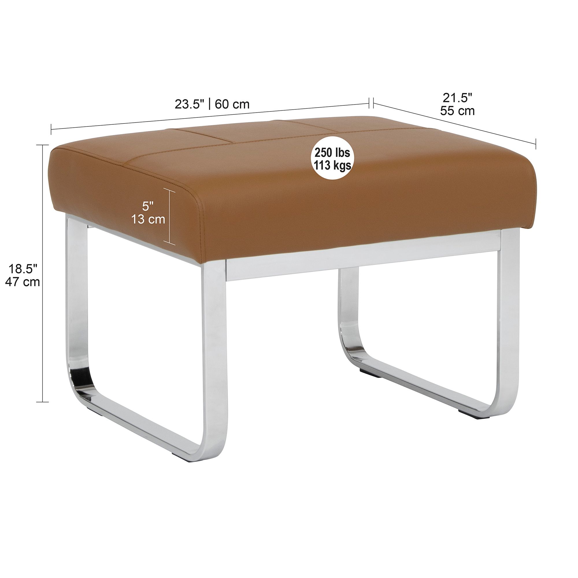 Allure Caramel Leather and Chrome Steel Rectangular Ottoman