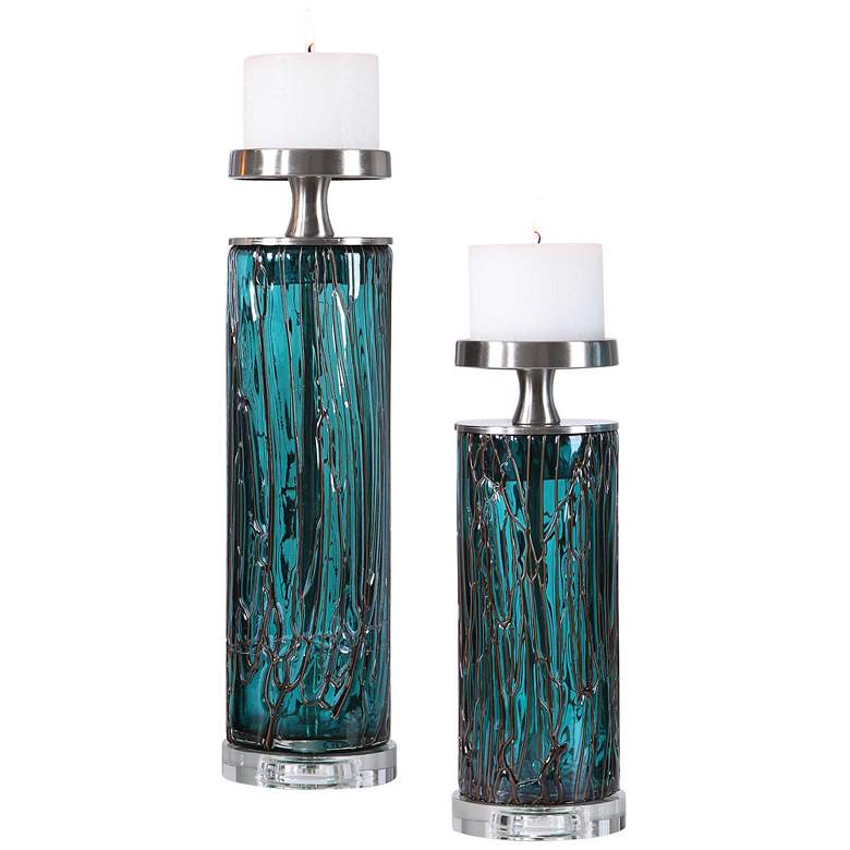 Almanzora Teal Blue Glass Modern Candle Holders - Set of 2
