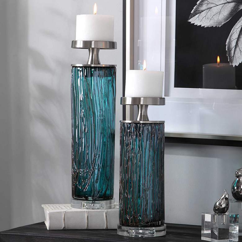 Image 1 Almanzora Teal Blue Glass Modern Candle Holders - Set of 2