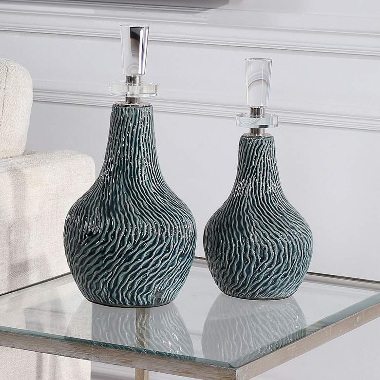 Image 1 Almera Distressed Dark Teal Glaze Ceramic Bottles Set of 2