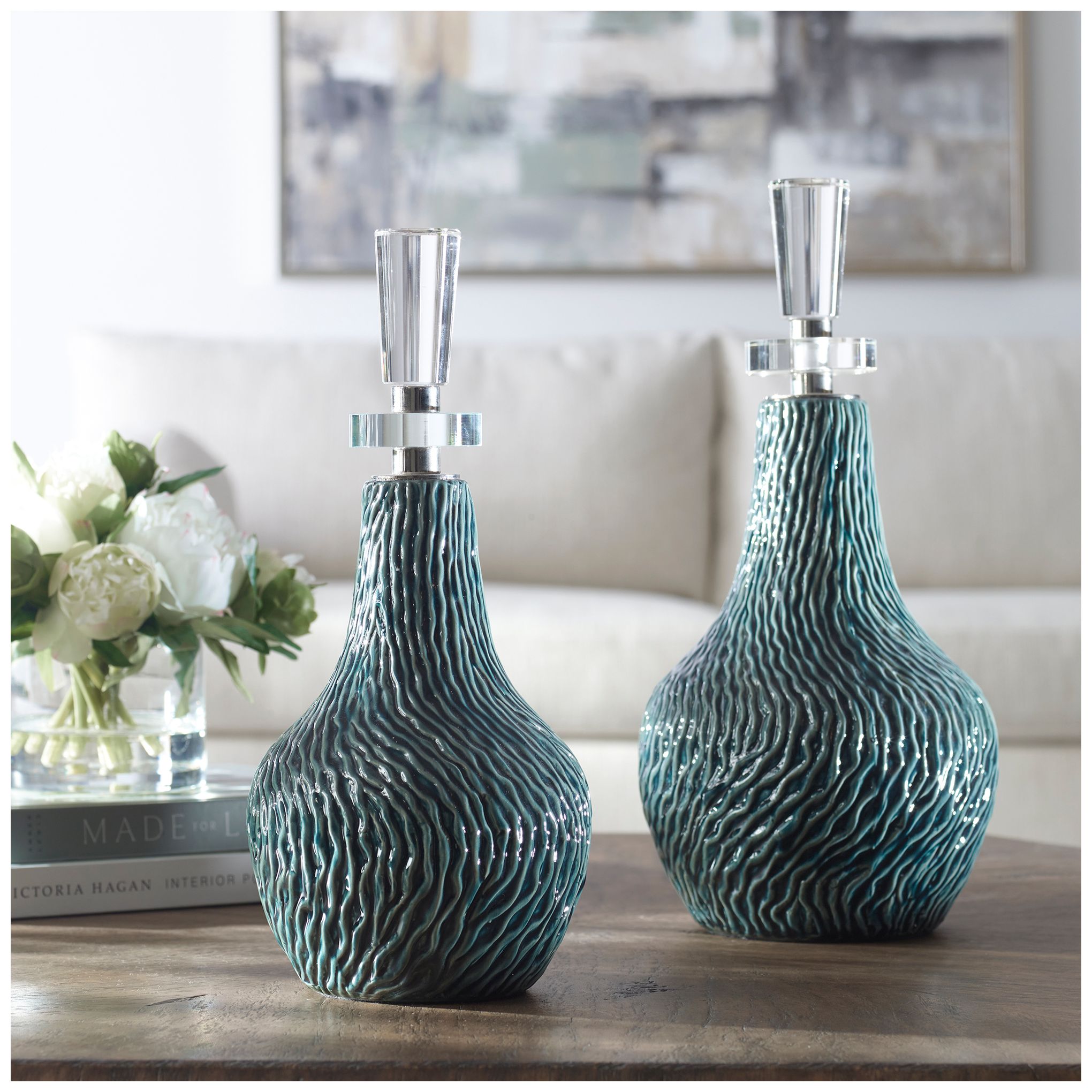 Image 4 Almera Distressed Dark Teal Glaze Ceramic Bottles Set of 2 more views