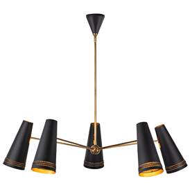 Image1 of Alora Brickell E26 45-in Matte Black/Hazelnut Leather Chandelier