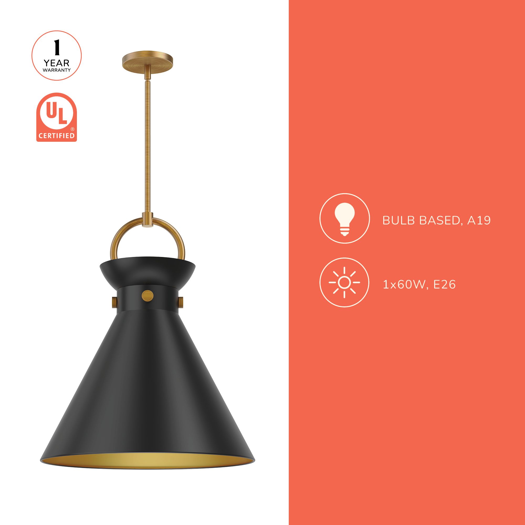 Image 4 Alora Mood Emerson E26 18-in Aged Gold/Matte Black Pendant more views