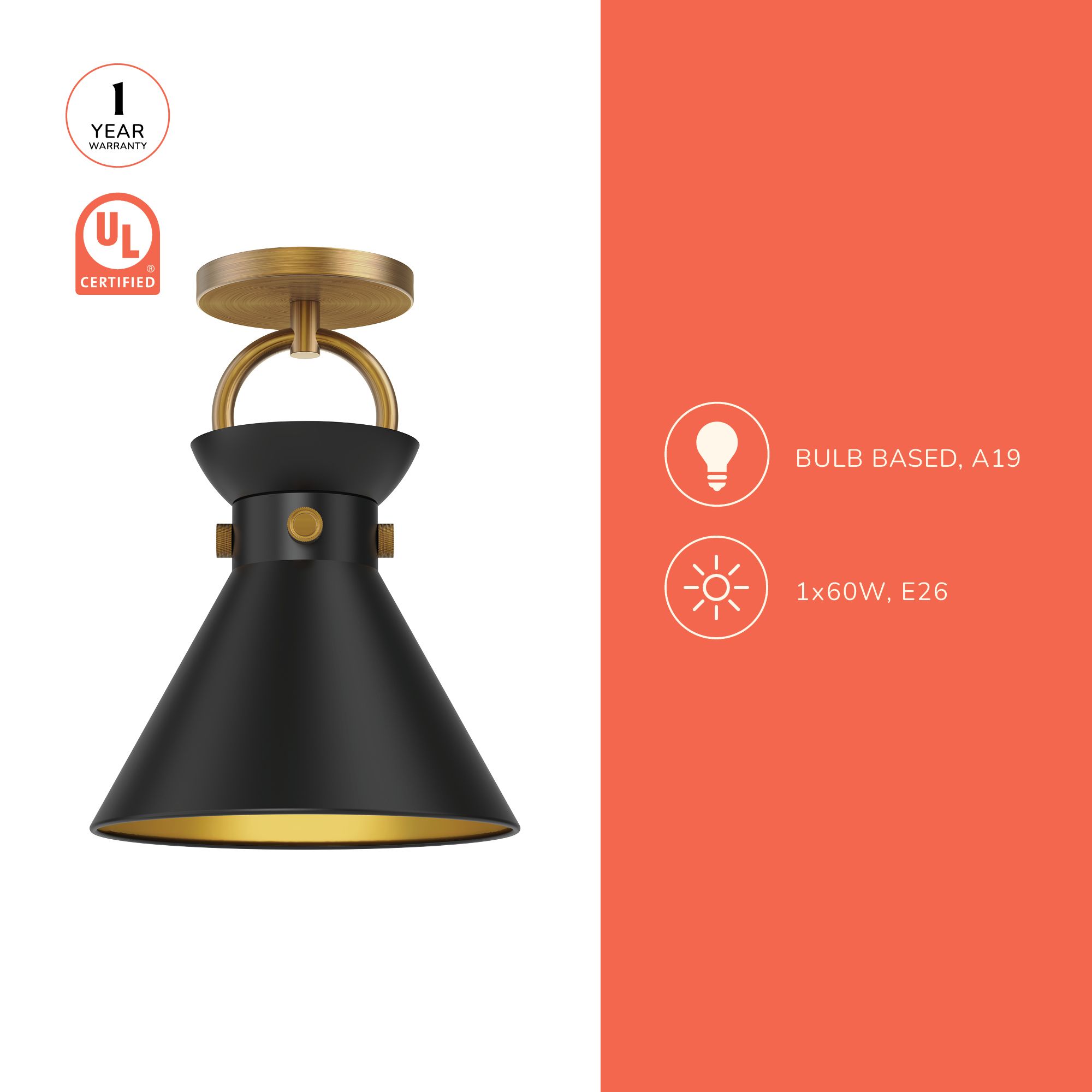 Image 4 Alora Mood Emerson E26 9-in Matte Black/Aged Gold Semi-Flush Mount more views