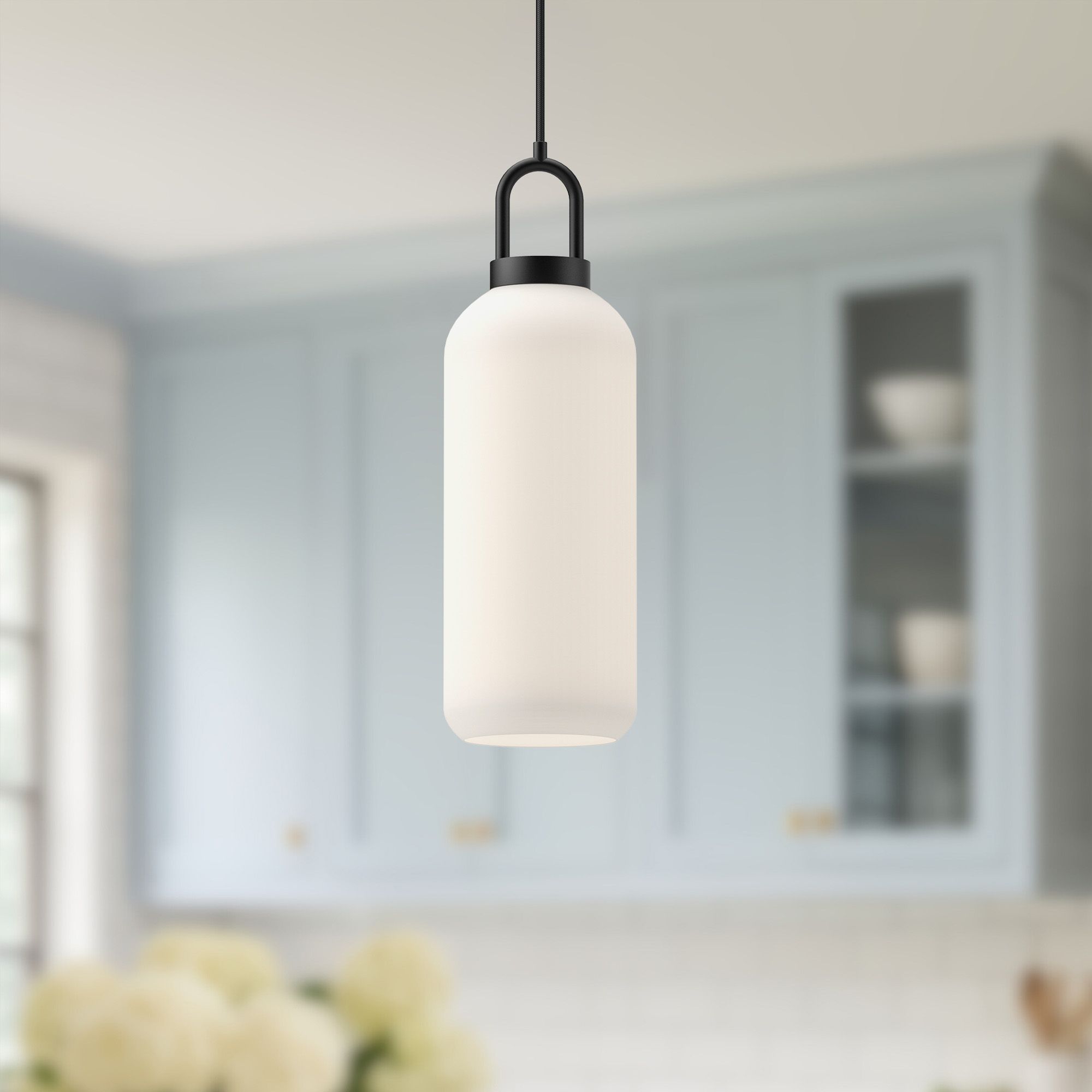 Alora Mood Soji E26 5-in Matte Black/Opal Matte Glass Pendant