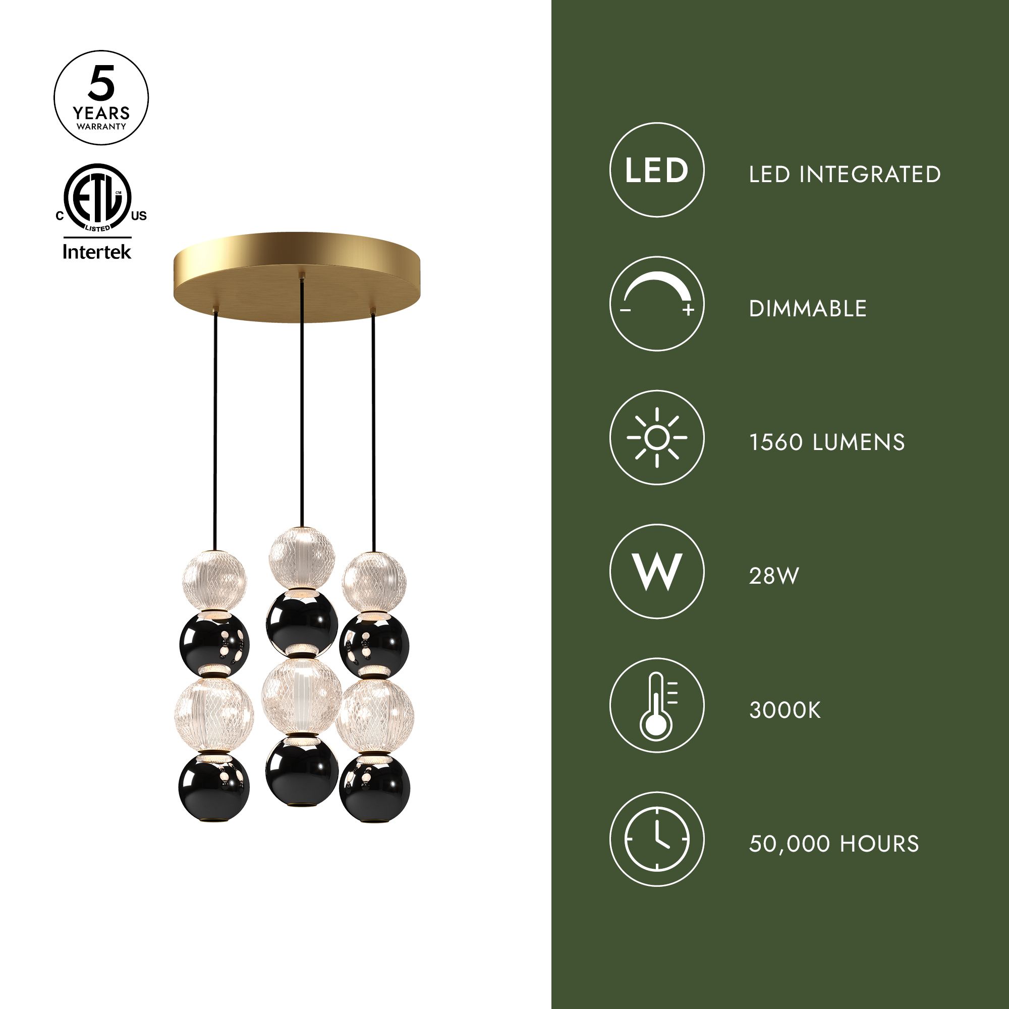 Image 4 Alora Onyx LED 3 Head Polished Nickel Multi-Pendant more views