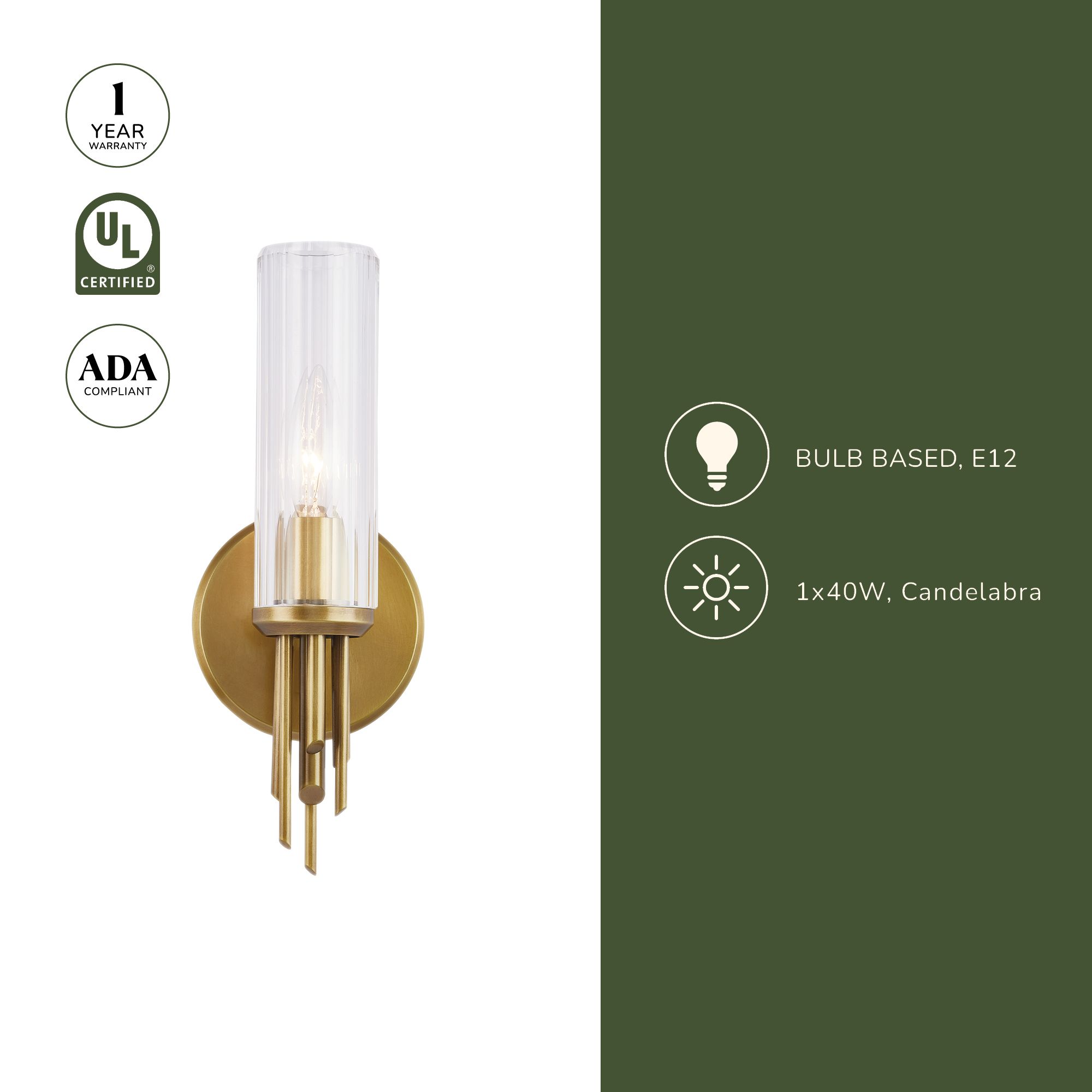 Image 4 Alora Torres E12 3-in Ribbed Glass/Vintage Brass Wall Vanity more views